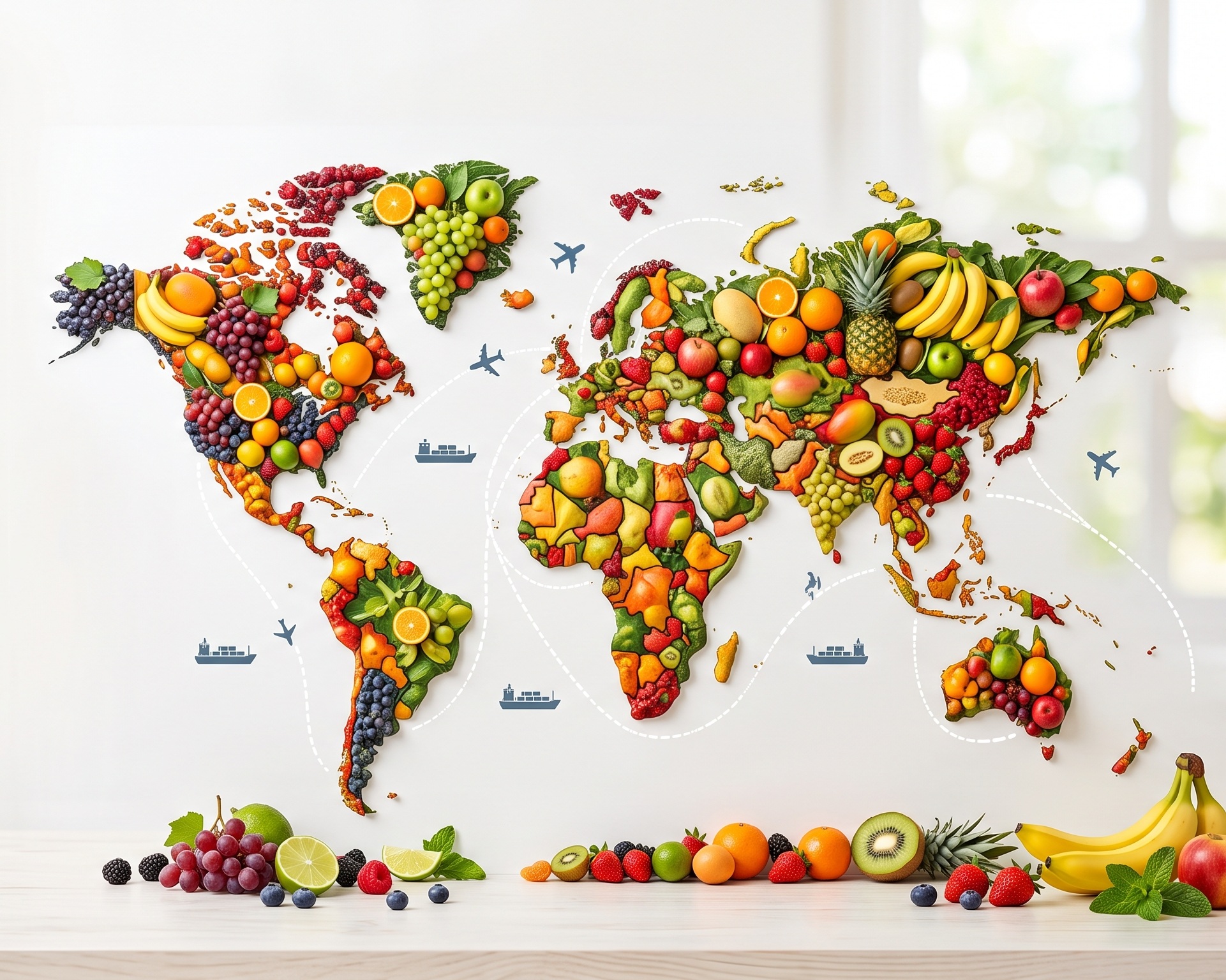 World map made of tropical fruits, connected by shipping and air freight routes